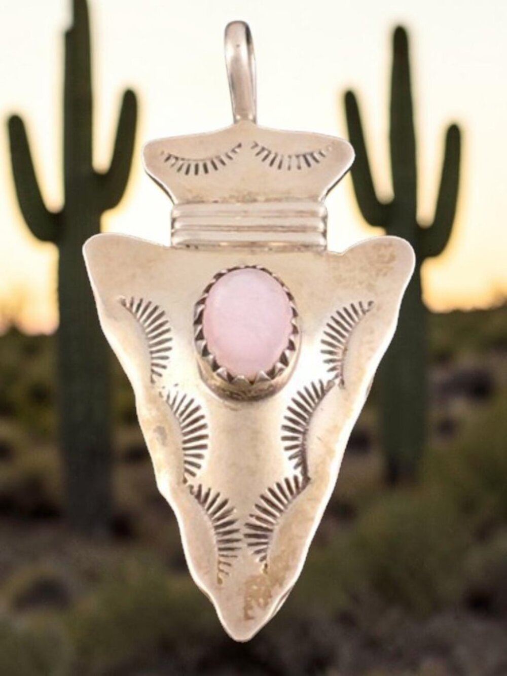 James Tom - Native American Navajo Silver Pink Mother of Pearl Arrowhead Pendant
